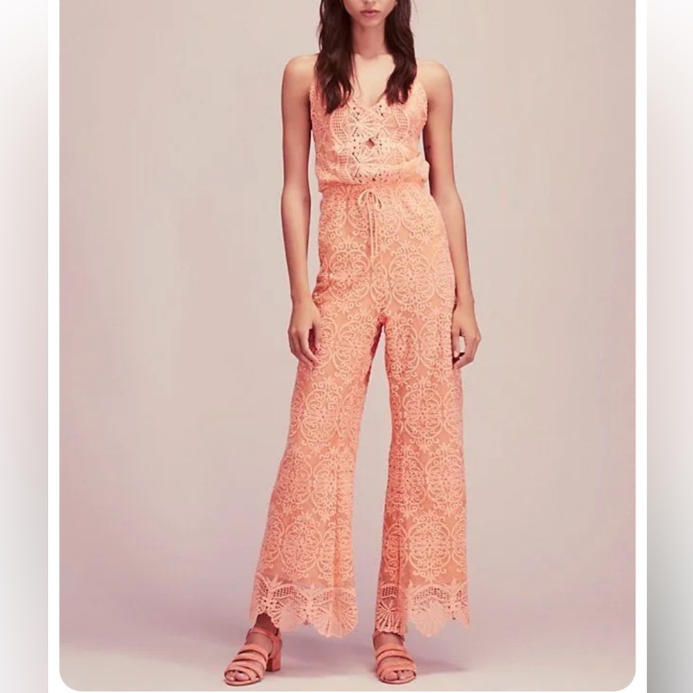 NIGHTCAP Anthropologie *Coconut Palm* coral lace strappy jumpsuit 1 XS